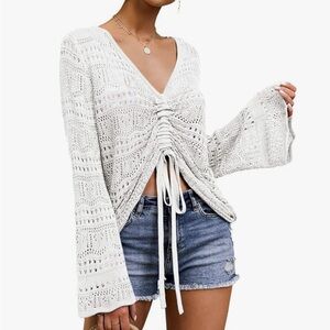 White Crochet V-Neck Sweater